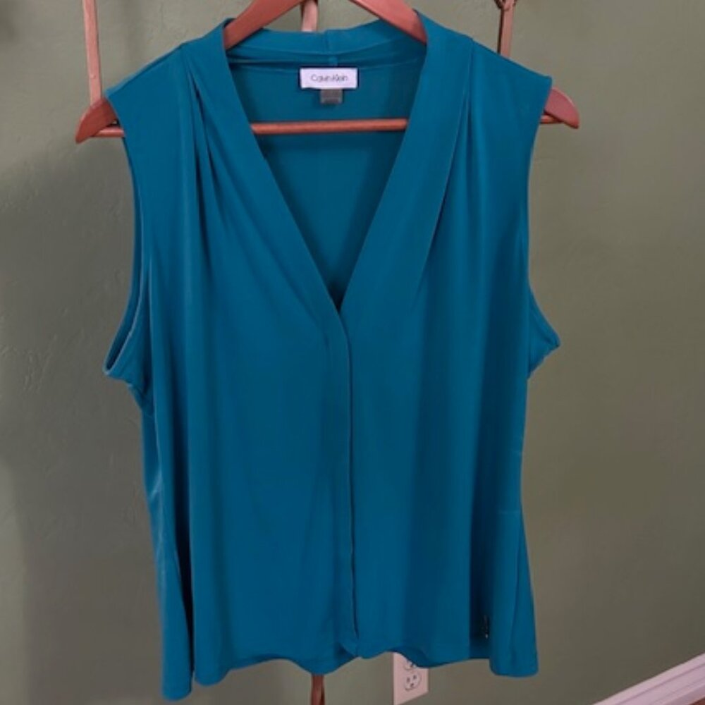 Calvin Klein Women’s Sleeveless Blouse – Turquoise Blue, Size XL